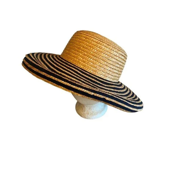 Classic Straw Beach Sun Hat Wide Black Striped Brim One Size - Picture 3 of 5